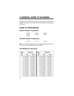 Page 4040
A GENERAL GUIDE TO SCANNING
Reception of the frequencies covered by your scanner is mainly “line-
of-sight.” That means you usually cannot hear stations that are beyond
the horizon.
GUIDE TO FREQUENCIES
National Weather Frequencies
Canadian Weather Frequencies
Note: 
The Canadian frequencies are not preprogrammed in this scan-
ner, but you can manually search or store them.
VHF FM Marine Frequencies
162.400 162.475 162.525
162.425 162.500 162.550
162.450
161.650 161.775 163.275
Chan-
nel 
No.Frequency...