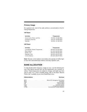 Page 4343
Primary Usage
As a general rule, most of the radio activity is concentrated on the fol-
lowing frequencies:
VHF Band
UHF Band
Note:
 Remote control stations and mobile units operate at 5 MHz high-
er than their associated base stations and relay repeater units.
BAND ALLOCATION
To help decide which frequency ranges to scan, use the following list-
ing of the typical services that use the frequencies your scanner re-
ceives. These frequencies are subject to change, and might vary from
area to area. For...