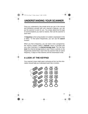 Page 1717
UNDERSTANDING YOUR SCANNER
Once you understand a few simple terms we use in this manual
and familiarize yourself with your scanner’s features, you can
put the scanner to work for you. You simply determine the type
of communications you want to receive, then set the scanner to
scan them.
A frequency
 is the tuning location of a station (expressed in kHz
or MHz). To find active frequencies, you can use the search
function. 
When you find a frequency, you can store it into a programma-
ble memory...