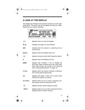 Page 1717
A LOOK AT THE DISPLAY
The display has indicators that show the scanner’s current oper-
ating status. This quick look at the display will help you under-
stand how your scanner operates.
Appears when you lock the keypad.
t
/s
Indicates the search or scan direction.
AIR Indicates that the scanner is searching the air
service bank.
ALErtAppears when the weather alert is on.
-b-Appears during a service bank frequency search.
BAppears when the batteries are low.
BANK Appears with numbers (1–10) to indicate...