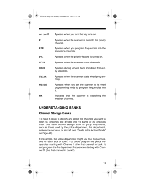 Page 1919
on tonEAppears when you turn the key tone on. 
P Appears when the scanner is tuned to the priority
channel.
PGM Appears when you program frequencies into the
scanner’s channels.
PRIAppears when the priority feature is turned on.
SCANAppears when the scanner scans channels.
SRCH Appears during service bank and direct frequen-
cy searches.
StArt Appears when the scanner starts wired program-
ming.
WirEdAppears when you set the scanner to its wired
programming mode to program frequencies into
it.
WX...