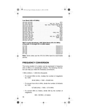 Page 4646
Low Band (450–470 MHz)
450.050–450.925  . . . . . . . . . . . . . . . . . . . . . . . . . . . . . . . . . . . . .   RTV
451.025–452.025  . . . . . . . . . . . . . . . . . . . . . . .   IND, OIL, TELM, UTIL
452.0375–453.00  . . . . . . . . . . . . . . . .  IND, TAXI, TRAN TOW, NEWS
453.0125–454.000  . . . . . . . . . . . . . . . . . . . . . . . . . . . . . . . .   PUB, OIL
454.025–454.975  . . . . . . . . . . . . . . . . . . . . . . . . . . . . . . . . . . . .   TELB
455.050–455.925  . . . . . . . . ....