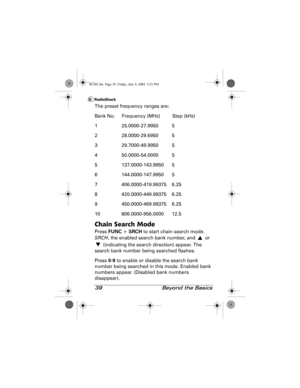 Page 3939  Beyond the Basics
The preset frequency ranges are:
Bank No.  Frequency (MHz)  Step (kHz)
1 25.0000-27.9950 5
2 28.0000-29.6950 5
3 29.7000-49.9950 5
4 50.0000-54.0000 5
5 137.0000-143.9950 5
6 144.0000-147.9950 5
7 406.0000-419.99375 6.25
8 420.0000-449.99375 6.25
9 450.0000-469.99375 6.25
10 806.0000-956.0000 12.5
Chain Search Mode
Press FUNC + SRCH to start chain search mode. 
SRCH, the enabled search bank number, and   or 
 (indicating the search direction) appear. The 
search bank number being...