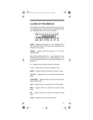 Page 1717
A LOOK AT THE DISPLAY
The display has indicators that show the scanner’s cur-
rent operating status. A good look at the display will help
you understand how your scanner operates.
BANK — appears with numbers (1–10). Numbers with a
bar under them show which channel-storage banks are
turned on for scanning.
TRUNK — appears when the scanner is in the trunk
tracking mode.
 (channel activity indicators) — each represents a re-
ceived trunking frequency or a data frequency in the
trunk tracking mode (see...