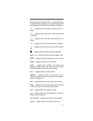 Page 2121
 (trunking channel activity bars) — each represents a
received trunking frequency or a data frequency while
trunk tracking (see “Channel Activity Bars” on Page 47).
-1- — appears when the weather service band is se-
lected.
-2- — appears when the amateur radio service band
is selected.
-3- — appears when the marine service band is se-
lected.
-4- — appears when the air service band is selected.
-5- — appears when the police service band is select-
ed.
— appears when a priority channel is selected....