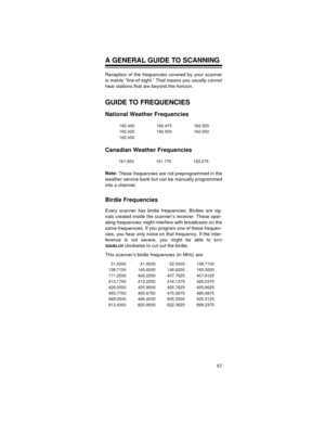 Page 5757
A GENERAL GUIDE TO SCANNING
Reception of the frequencies covered by your scanner
is mainly “line-of-sight.” That means you usually cannot
hear stations that are beyond the horizon.
GUIDE TO FREQUENCIES
National Weather Frequencies
Canadian Weather Frequencies
Note: 
These frequencies are not preprogrammed in the
weather service bank but can be manually programmed
into a channel.
Birdie Frequencies
Every scanner has birdie frequencies. Birdies are sig-
nals created inside the scanner’s receiver. These...