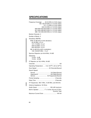 Page 6868
SPECIFICATIONS
Frequency Coverage:  .....  29–54 MHz (in 5 kHz steps)
108–136.975 MHz (in 12.5 kHz steps)
137–174 MHz (in 5 kHz steps)
406–512 MHz (in 12.5 kHz steps)
806.0000–823.9375 MHz (in 12.5 kHz steps)
851.0000–868.9875 MHz (in 12.5 kHz steps)
896.1125–956.0000 MHz (in 12.5 kHz steps)
Monitor Channels  5
Number of Banks  5
Sensitivity (AM/FM):
NFM: 20 dB S/N at 3 kHz deviation):
29–54 MHz  0.5 µV
137–174 MHz  0.4 µV
406–512 MHz  0.4 µV
806–956 MHz  0.6 µV
AM: 20 dB S/N at 60% modulation):...