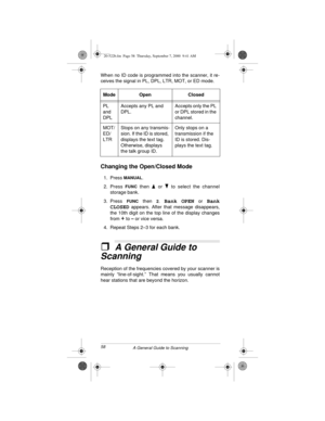 Page 5858
A General Guide to Scanning
When no ID code is programmed into the scanner, it re-
ceives the signal in PL, DPL, LTR, MOT, or ED mode.
Changing the Open/Closed Mode
1. Press MANUAL.
2. Press 
FUNC then   or   to select the channel
storage bank.
3. Press 
FUNC then 2. Bank OPEN or Bank
CLOSED
 appears. After that message disappears,
the 10th digit on the top line of the display changes
from 
+ to –
 or vice versa.
4. Repeat Steps 2–3 for each bank.
ˆA General Guide to 
Scanning
Reception of the...