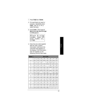 Page 61Trunking
61 1. Press
PGMthenTRUNK.
2. For each bank you want to
program, repeatedly press
FUNC.Thenorto
select the bank.
3. Press
FUNC. Then press8.
Block 0 size code. Use 15 for type 
II. S—00 
appears.
4. Enter the size code supplied
with the Type I system
information, referring to the
instruction that appears on
the display. If the information
was not supplied, try the
following common fleet maps.
BlockSize Code
1 2345678
0S11S4S4S12S4S3S10S1
1S11 S4 S4 — S4 S10 S10 S1
2S11S4S4S4S12S4S11S2
3S11 S4...