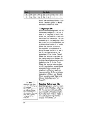 Page 3838Press
ENTERfor each entry. If you
makeamistake,press
CLRand
enter the correct size code.
Talkgroup IDs
Each channel storage bank has an
associated talkgroup ID list, for a
total of 10 talkgroup ID lists. Each
ID list has 5 sub-banks. Each sub-
bank has 30 ID locations. You can
program up to 150 talkgroup IDs in
each bank, so you can program up
to 1500 talkgroup IDs in 10 banks.
When the scanner stops on a
transmission in the Motorola or
EDACS mode, it checks to see if
the ID has been stored in the...