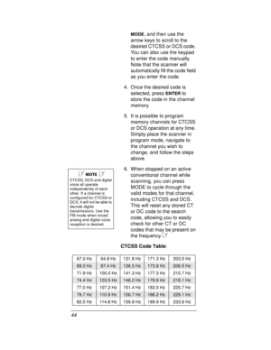 Page 4444
MODE, and then use the
arrow keys to scroll to the
desired CTCSS or DCS code.
You can also use the keypad
to enter the code manually.
Note that the scanner will
automatically fill the code field
as you enter the code.
4. Once the desired code is
selected, press
ENTERto
store the code in the channel
memory.
5. It is possible to program
memory channels for CTCSS
or DCS operation at any time.
Simply place the scanner in
program mode, navigate to
the channel you wish to
change, and follow the steps...