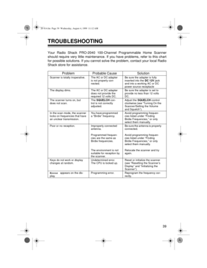 Page 3939
TROUBLESHOOTING 
Your Radio Shack PRO-2040 100-Channel Programmable Home Scanner
should require very little maintenance. If you have problems, refer to this chart
for possible solutions. If you cannot solve the problem, contact your local Radio
Shack store for assistance.
Problem Probable Cause Solution
Scanner is totally inoperative. The AC or DC adapter 
is not properly con-
nected.Be sure the adapter is fully 
inserted into the 
DC 12V jack 
and into a working AC or DC 
power source receptacle
The...