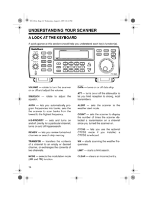 Page 1414
UNDERSTANDING YOUR SCANNER
A LOOK AT THE KEYBOARD
A quick glance at this section should help you understand each key’s function(s).
VOLUME — rotate to turn the scanner
on or off and adjust the volume.
SQUELCH — rotate to adjust the
squelch.
AUTO — lets you automatically pro-
gram frequencies into banks; sets the
the scanner to scan banks from the
lowest to the highest frequency.
H/S-PRIORITY — sets and turns on
and off priority for a particular channel;
turns on and off Hypersearch.
REVIEW — lets you...