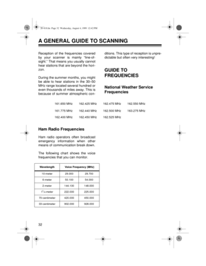 Page 3232
A GENERAL GUIDE TO SCANNING
Reception of the frequencies covered
by your scanner is mainly “line-of-
sight.” That means you usually cannot
hear stations that are beyond the hori-
zon.
During the summer months, you might
be able to hear stations in the 30–50
MHz range located several hundred or
even thousands of miles away. This is
because of summer atmospheric con-ditions. This type of reception is unpre-
dictable but often very interesting!
GUIDE TO 
FREQUENCIES
National Weather Service 
Frequencies...