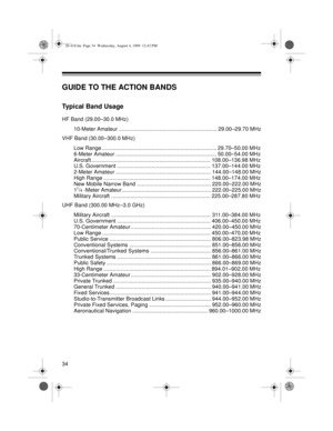 Page 3434
GUIDE TO THE ACTION BANDS
Typical Band Usage
HF Band (29.00–30.0 MHz)
10-Meter Amateur ................................................................. 29.00–29.70 MHz
VHF Band (30.00–300.0 MHz)
Low Range ............................................................................ 29.70–50.00 MHz
6-Meter Amateur ................................................................... 50.00–54.00 MHz
Aircraft ............................................................................... 108.00–136.98 MHz...