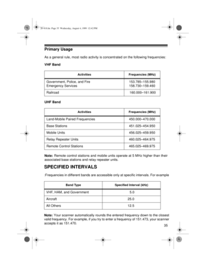 Page 3535
Primary Usage
As a general rule, most radio activity is concentrated on the following frequencies:
VHF Band
UHF Band
Note: Remote control stations and mobile units operate at 5 MHz higher than their
associated base stations and relay repeater units.
Activities Frequencies (MHz)
Government, Police, and Fire
Emergency Services153.785–155.980
158.730–159.460
Railroad  160.000–161.900
Activities Frequencies (MHz)
Land-Mobile Paired Frequencies 450.000–470.000
Base Stations 451.025–454.950
Mobile Units...