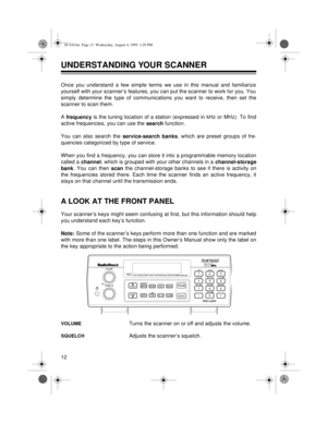 Page 1212
UNDERSTANDING YOUR SCANNER
Once you understand a few simple terms we use in this manual and familiarize
yourself with your scanner’s features, you can put the scanner to work for you. You
simply determine the type of communications you want to receive, then set the
scanner to scan them.
A 
frequenc
y is the tuning location of a station (expressed in kHz or MHz). To find
active frequencies, you can use the 
search function. 
You can also search the 
service-search banks, which are preset groups of...