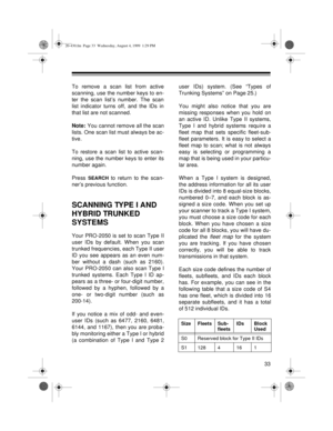 Page 3333
To remove a scan list from active
scanning, use the number keys to en-
ter the scan list’s number. The scan
list indicator turns off, and the IDs in
that list are not scanned. 
Note: You cannot remove all the scan
lists. One scan list must always be ac-
tive.
To restore a scan list to active scan-
ning, use the number keys to enter its
number again.
Press 
SEARCH to return to the scan-
ner’s previous function. 
SCANNING TYPE I AND 
HYBRID TRUNKED 
SYSTEMS
Your PRO-2050 is set to scan Type II
user IDs...