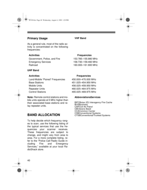 Page 4040
Primary Usage
As a general rule, most of the radio ac-
tivity is concentrated on the following
frequencies:VHF Band
UHF Band
Note: Remote control stations and mo-
bile units operate at 5 MHz higher than
their associated base stations and re-
lay repeater units.
BAND ALLOCATION
To help decide which frequency rang-
es to scan, use the following listing of
the typical services that use the fre-
quencies your scanner receives.
These frequencies are subject to
change, and might vary from area to
area. For...