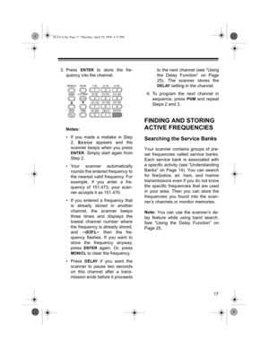 Page 17ìæ
êï 3UHVVý(17(5ý WRý VWRUHý WKHý IUHð
TXHQF\ýLQWRýWKHýFKDQQHOï
1RWHVã
‡ ,Iý \RXý PDGHý Dý PLVWDNHý LQý 6WHS
ëñý
Errorý DSSHDUVý DQGý WKH
VFDQQHUý EHHSVý ZKHQý \RXý SUHVV
(17(5ïý6LPSO\ýVWDUWýDJDLQýIURP
6WHSýëï
‡ 