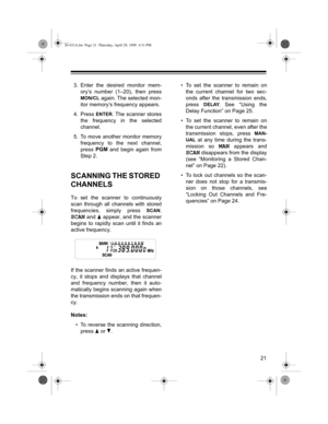 Page 21ëì
êï (QWHUý WKHý GHVLUHGý PRQLWRUý PHPð
RU\©Vý QXPEHUý õì¤ëíôñý WKHQý SUHVV
021î&/ýDJDLQïý7KHýVHOHFWHGýPRQð
LWRUýPHPRU\©VýIUHTXHQF\ýDSSHDUVï
éï 3UHVVý
(17(5ïý7KHýVFDQQHUýVWRUHV
WKHý IUHTXHQF\ý LQý WKHý VHOHFWHG
FKDQQHOï
èï 7RýPRYHýDQRWKHUýPRQLWRUýPHPRU\
IUHTXHQF\ý WRý WKHý QH[Wý FKDQQHOñ
SUHVVý3*0
ý DQGý EHJLQý DJDLQý IURP
6WHSýëï
6&$11,1*ý7+(ý6725(ý
&+$11(/6
7Rý VHWý WKHý VFDQQHUý WRý FRQWLQXRXVO\
VFDQý WKURXJKý DOOý FKDQQHOVý ZLWKý VWRUHG
IUHTXHQFLHVñý VLPSO\ý SUHVVý
6&$1ï
SCANýDQGý...