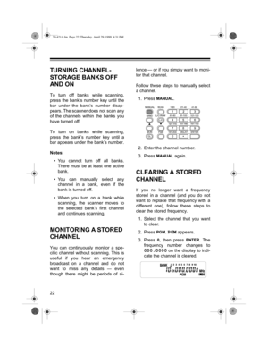 Page 22ëë
7851,1*ý&+$11(/ð
6725$*(ý%$1.6ý2))ý
$1ý21ý
7Rý WXUQý RIIý EDQNVý ZKLOHý VFDQQLQJñ
SUHVVý WKHý EDQN©Vý QXPEHUý NH\ý XQWLOý WKH
EDUý XQGHUý WKHý EDQN©Vý QXPEHUý GLVDSð
SHDUVïý7KHýVFDQQHUýGRHVýQRWýVFDQýDQ\
RIý WKHý FKDQQHOVý ZLWKLQý WKHý EDQNVý \RX
KDYHýWXUQHGýRIIï
7RýWXUQýRQýEDQNVýZKLOHýVFDQQLQJñ
SUHVVý WKHý EDQN©Vý QXPEHUý NH\ý XQWLOý D
EDUýDSSHDUVýXQGHUýWKHýEDQN©VýQXPEHUï
1RWHVã
‡ 