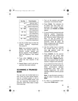 Page 3333
4. Use the number keys to enter the
trunked system’s frequencies,
then press
 E.
Note:
 If you entered an invalid fre-
quency, the scanner beeps, the
channel number flashes and
Error appears. Press CLEAR to
clear the frequency, then repeat
Step 4.
5. Press either 
MANUAL or s
 to
select the next channel in the
bank.
6. Repeat Steps 4 and 5 until all fre-
quencies have been entered.
SCANNING A TRUNKED 
BANK
You can scan one trunked bank at a
time. Once you have stored frequen-
cies for a trunked system...