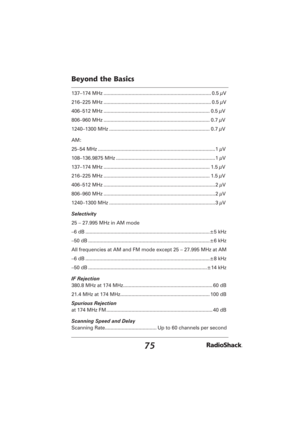 Page 7575
Beyond the Basics
137–174 MHz ............................................................................. 0.5 µV
216–225 MHz ............................................................................. 0.5 µV
406–512 MHz ............................................................................ 0.5 µV
806–960 MHz ............................................................................ 0.7 µV
1240–1300 MHz ........................................................................ 0.7 µV
AM:...
