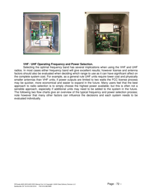 Page 72RFScada 8ADI-9DO/4ADI-5DO Manual Ver 3.6 Copyright ©2005 Data Delivery Devices LLC Page - 72 – Bartlesville OK Tel 918-335-3318      FAX 918-398-9990 
 
 
VHF / UHF Operating Frequency and Power Selection.   
Selecting the optimal frequency band has several implications when using the VHF and UHF 
radios. In most cases either frequency band will give excellent results; however license and antenna 
factors should also be evaluated when deciding which range to use as it can have significant affect on 
the...