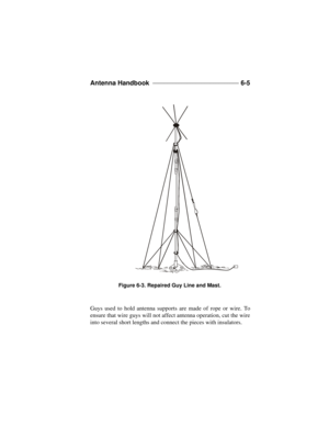 Page 137Antenna Handbook ______________________________ 
6-5
Guys used to hold antenna supports are made of rope or wire. To
ensure that wire guys will not affect antenna operation, cut the wire
into several short lengths and connect the pieces with insulators. Figure 6-3. Repaired Guy Line and Mast. 