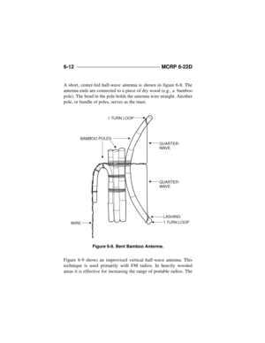 Page 1446-12 ____________________________________ 
MCRP 6-22D
A short, center-fed half-wave antenna is shown in figure 6-8. The
antenna ends are connected to a piece of dry wood (e.g., a  bamboo
pole). The bend in the pole holds the antenna wire straight. Another
pole, or bundle of poles, serves as the mast. 
Figure 6-9 shows an improvised vertical half-wave antenna. This
technique is used primarily with FM radios. In heavily wooded
areas it is effective for increasing the range of portable radios. TheBAMBOO...
