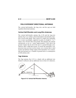 Page 1466-14 ____________________________________ 
MCRP 6-22D
FIELD EXPEDIENT DIRECTIONAL ANTENNAS 
The vertical half-rhombic, the long wire, and the yagi are field
expedient directional antennas.
Vertical Half-Rhombic and Long-Wire Antennas
The vertical half-rhombic antenna (fig. 6-10) and the long-wire
antenna (fig. 6-11) radiate a directional pattern and primarily trans-
mit or receive HF signals. They consist of a single wire, preferably
two or more wavelengths, supported on poles at a height of  3 to 7...