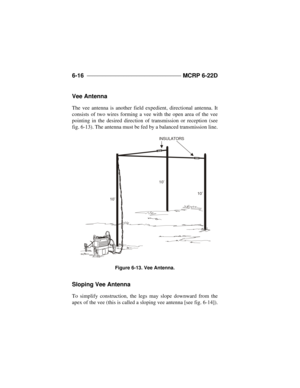 Page 1486-16 ____________________________________ 
MCRP 6-22D
Vee Antenna
The vee antenna is another field expedient, directional antenna. It
consists of two wires forming a vee with the open area of the vee
pointing in the desired direction of transmission or reception (see
fig. 6-13). The antenna must be fed by a balanced transmission line.
Sloping Vee Antenna
To simplify construction, the legs may slope downward from the
apex of the vee (this is called a sloping vee antenna [see fig....