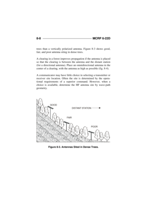 Page 1638-8 _____________________________________ 
MCRP 6-22D
trees than a vertically polarized antenna. Figure 8-3 shows good,
fair, and poor antenna siting in dense trees.
A clearing in a forest improves propagation if the antenna is placed
so that the clearing is between the antenna and the distant station
(for a directional antenna). Place an omnidirectional antenna in the
center of a clearing, with the antenna as high as possible (fig. 8-4).
A communicator may have little choice in selecting a transmitter...