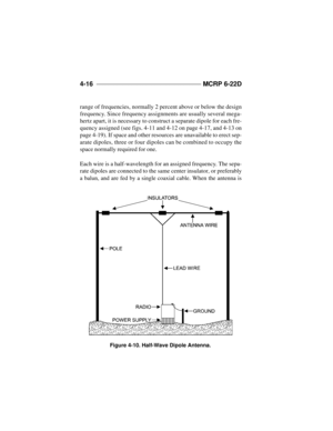 Page 924-16 ____________________________________ 
MCRP 6-22D
range of frequencies, normally 2 percent above or below the design
frequency. Since frequency assignments are usually several mega-
hertz apart, it is necessary to construct a separate dipole for each fre-
quency assigned (see figs. 4-11 and 4-12 on page 4-17, and 4-13 on
page 4-19). If space and other resources are unavailable to erect sep-
arate dipoles, three or four dipoles can be combined to occupy the
space normally required for one. 
Each wire...