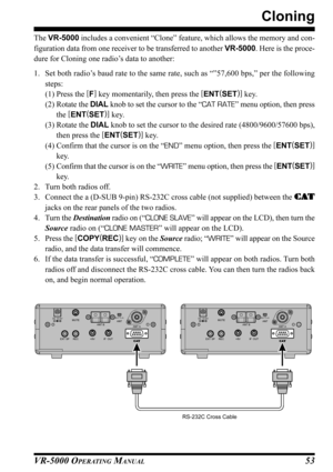 Page 55VR-5000 OPERATING MANUAL53
The VR-5000 includes a convenient “Clone” feature, which allows the memory and con-
figuration data from one receiver to be transferred to another VR-5000. Here is the proce-
dure for Cloning one radio’s data to another:
1. Set both radio’s baud rate to the same rate, such as “”57,600 bps,” per the following
steps:
(1) Press the [
F]
 key momentarily, then press the [
ENT(
SET)]
 key.
(2) Rotate the DIAL knob to set the cursor to the “CAT RATE” menu option, then press
the [...