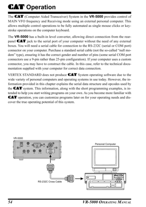 Page 56VR-5000 OPERATING MANUAL54
VR-5000
The CAT (Computer Aided Transceiver) System in the VR-5000 provides control of
MAIN VFO frequency and Receiving mode using an external personal computer. This
allows multiple control operations to be fully automated as single mouse clicks or key-
stroke operations on the computer keyboard.
The VR-5000 has a built-in level converter, allowing direct connection from the rear-
panel CAT jack to the serial port of your computer without the need of any external
boxes. You...