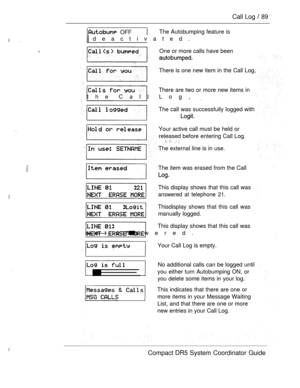 Page 147Call Log  89
 
 OFFThe Autobumping feature is
 deactivated.
One or more calls have been
 
There is one new item in the Call Log,
There are two or more new items in
the Call Log, 
 The call was successfully logged with
Your active call must be held or
released before entering Call Log.
The external line is in use.
The item was erased from the Call
 
This display shows that this call was
answered at telephone 21.
  Thisdisplay shows that this call was
 manually logged.
This display shows that this call...