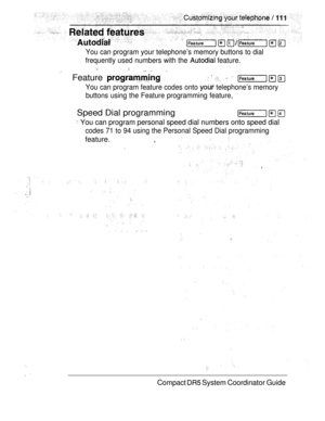Page 169You can program your telephone’s memory buttons to dial
frequently used numbers with the 
 feature.
  
Feature  .   
You can program feature codes onto  telephone’s memory
buttons using the Feature programming feature,
Speed Dial programming
 You can program personal speed dial numbers onto speed dial
codes 71 to 94 using the Personal Speed Dial programming
feature. ,
Compact  System Coordinator Guide 