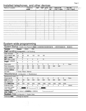 Page 275Page 3
Installed telephones, and other devices
Name or Location, Telephone
 
System-wide programming
System Startup  Installer only (Password:          q       q    
 Hvbrid
PBX
 handling  3. Call Handling)
Held reminderN
Reminddelav3060 90120 150 180
 to  N
 delay (rings)1234610
Transfer callback456 12
Park prefix0123456789 None
Park timeout(s)3046 6090120 150 180300 600
Camp timeout (s) 30-46 60 90120 150 180
Directed  YN
On hold Tones Music Silence
Miscellaneous (Configuration: 4. Miscellaneous)...