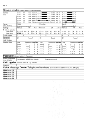 Page 278‘age 6
Service, modes (General
Control
setsadmin: 
 Service Modes) 
Line: WLine Name:  Control set: 21
Line: WLine Name:  Control set: 21
Line: WLine Name:  Control set: 21
Line: WLine Name:  Control set: 21
Line: WLine Name:  Control set: 21
Line: WLine Name: I       I Control set: 21 
Name:Night EveningLunch
(max. 7 char.)
I       I
I-t      I I
Setting ManualOffAuto  ManualOffAuto  ManualOffAuto
 Auto is selectedStart time23:00 Hr: WMin: W  17:00
Hr: WMin: W  12:00Hr: WMin: W
Stop 
time Hr: WMin: W...