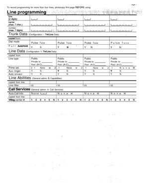 Page 279To record programming for more than four lines, photocopy  page  using.
number:
Trunk Data (Configuration: I.  Data)
 from:
Dial modePulse TonePulse TonePulse TonePulse Tone
Full N   N  N
Line Data (Configuration:   Data)
copied from:
Line typePublic
PublicPublicPublic
Private to: Private  to:
Private to:Private to:
Pool: (A-C)Pool: (A-C). .Pool: (A-C)Pool: (A-C)
Prime set21Nonew 21None w  2 1Nonew  2 1 None  W
Aux. ringerYNNYNN
Auto orivacvYNYNYNYN
Line Abilities (General admin:  Capabilities)
copied...