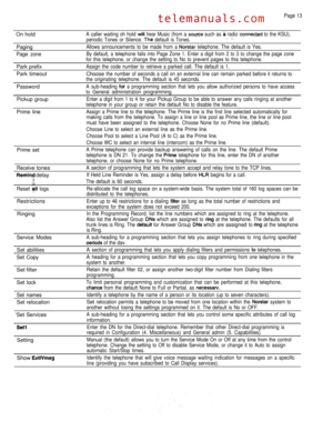 Page 285Page 13
On hold
Paging
Page zone
Park prefix
Park timeout
Password
Pickup group
Prime line
Prime set
Receive tones
 delay
Reset  logs
Restrictions
Ringing
Service Modes
A caller waiting oh hold  hear Music (from a  such as  radio  to the KSU),
periodic Tones or Silence. 
 default is Tones. 
Allows announcements to be made from a  telephone. The default is Yes.
By default, a telephone falls into Page Zone 1. Enter a digit from 2 to 3 to change the page zone
for this telephone, or change the setting to No...