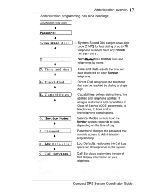 Page 75Administration  
Administration programming has nine headings:
ADMINISTRATION CODE
  dial 
 
2. 
 Time and date 
 Direct-Dial
 Capabilities 
6.  
7. Password
8.  Defaults 
9. Call 
System Speed Dial assigns a two-digit
code  for fast dialing of up to 
telephone numbers from any 
telephone.
Names identifies  lines and
telephones by name.
Time and Date adjusts the time and
date displayed on each 
telephone.
Direct-Dial designates the telephone
that can be reached by dialing a single
digit.
Capabilities...