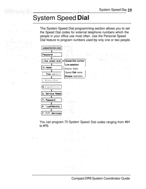 Page 83 
System Speed 
System Speed  
The System Speed Dial programming section allows you to set
the Speed Dial codes for external telephone numbers which the
people in your office use most often. Use the Personal Speed
Dial feature to program numbers used 
 only one or two people.
    Display digits
3.  and date
4. Direct-Dial
 Capabilities 
Speed  name
 restriction
8.  Defaults
9. Call 
You can program 70 System
Speed
Dial codes ranging from 
to 
Compact  System Coordinator Guide 