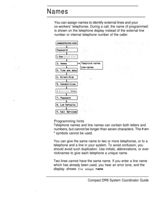 Page 87Names
You can assign names to identify external lines and your
co-workers” telephones. During a call, the name (if programmed:
is shown on the telephone display instead of the external line
number or internal telephone number of the caller.
 
 speed dial
  
6. Service Modes
Programming hints
Telephone names and line names can contain both letters and
numbers, but cannot be longer than seven characters. The  
 symbols cannot be used.
You can give the same name to two or more telephones, or to a
telephone...