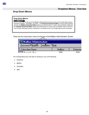 Page 64                                                                                                                                          DV2000 Mailbox Administration - Service Release 3.0
 
64   Dropdown Menus - Overview Drop Down Menus 
 
There are four drop down menus at the top of the Mailbox Administration Screen:  
The corresponding menu will open by clicking on any of the following: 
¨ Password 
¨ Mailbox 
¨ Templates 
¨ Help 
 Drop Down Menus  At the top of the Mailbox Administration Screen,...