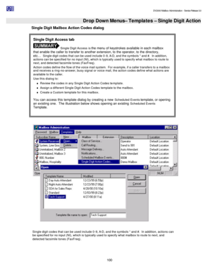 Page 100                                                                                                                                          DV2000 Mailbox Administration - Service Release 3.0
 
100   Drop Down Menus– Templates – Single Digit Action  Single Digit Mailbox Action Codes dialog 
  
 
Single digit codes that can be used include 0-9, A-D, and the symbols * and #.  In addition, actions can 
be specified for no input (NI), which is typically used to specify what mailbox to route to next, and...