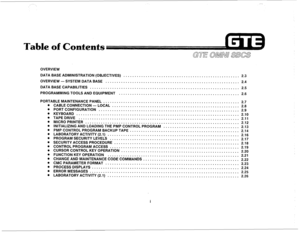 Page 107Table of Co 
OVERVIEW 
DATA BASE ADMINISTRATION (OBJECTIVES) 
.................................................... 2.3 
OVERVIEW-SYSTEMDATABASE ............................................................ 
2.4 
DATABASECAPABILITIES ................................................................... 2.5 
PROGRAMMING TOOLS AND EQUIPMENT 
...................................................... 2.6 
PORTABLE MAINTENANCE PANEL 
............................................................. 2.7 
CABLE CONNECTION...