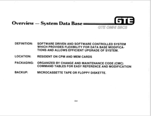 Page 1150 Wel3ieW 
- Syste ata Base 
DEFINITION: 
SOFTWARE DRIVEN AND SOFTWARE CONTROLLED SYSTEM 
WHICH PROVIDES FLEXIBILITY FOR DATA BASE MODIFICA- 
TIONS AND ALLOWS EFFICIENT UPGRADE OF SYSTEM. 
LOCATION: 
RESIDENT ON CPM AND MEM CARDS 
PACKAGING: ORGANIZED BY CHANGE AND MAINTENANCE CODE (CMC) 
COMMAND TABLES FOR EASY REFERENCE AND MODIFICATION 
BACKUP: 
MICROCASSETTE TAPE OR FLOPPY DISKETTE. 
2.4  